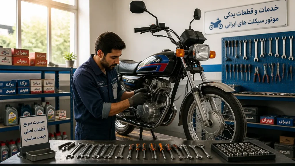 مکانیک در حال تعمیر موتور سیکلت ایرانی با دسترسی به قطعات یدکی